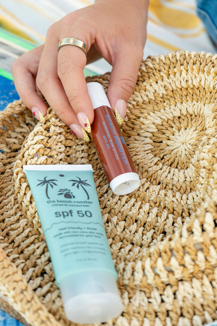the beach rooster mineral sunscreen tinted face spf 50 and sunscreen stick 